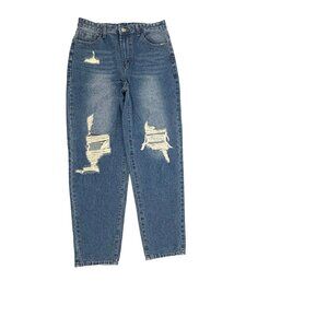 Shein Distressed Straight Leg Women's size L Dark Wash Blue Denim Jeans